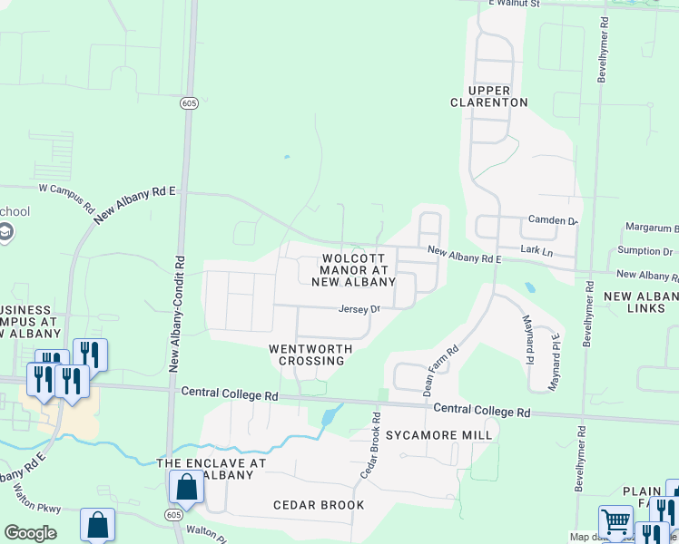 map of restaurants, bars, coffee shops, grocery stores, and more near 5717 Traditions Drive in New Albany