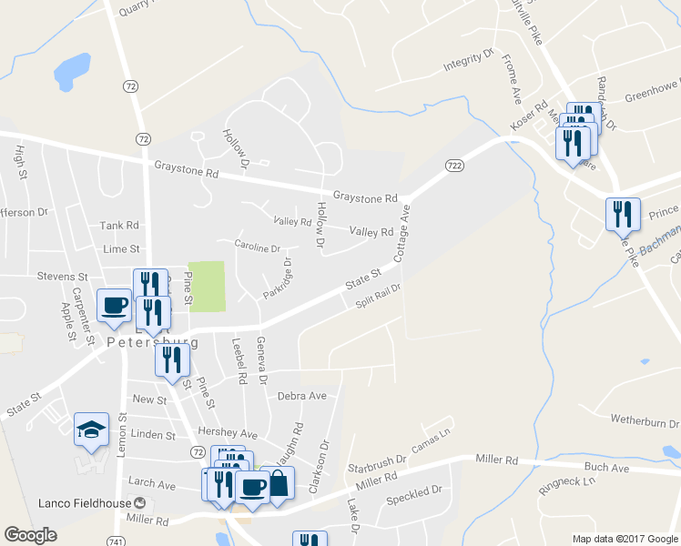 map of restaurants, bars, coffee shops, grocery stores, and more near 2545 State Street in East Petersburg