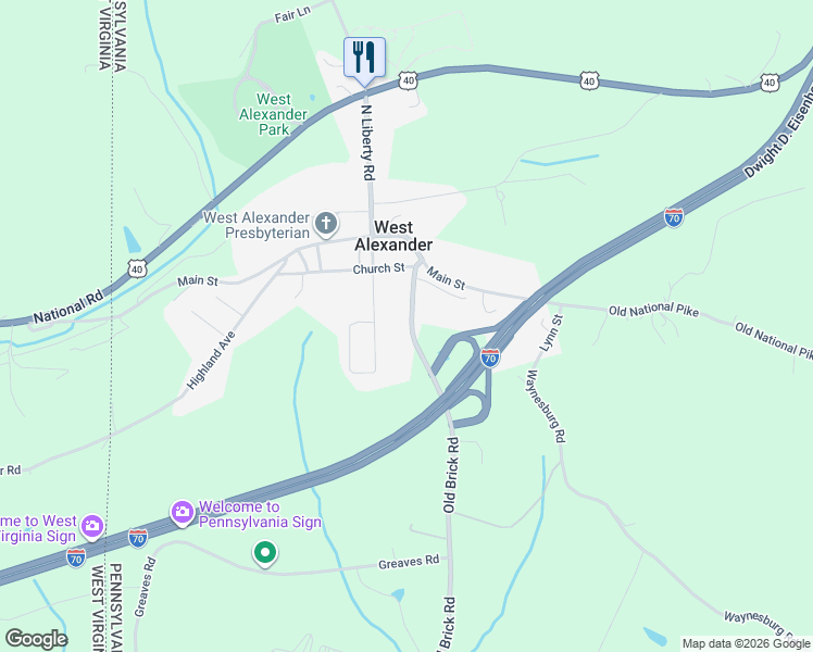 map of restaurants, bars, coffee shops, grocery stores, and more near 995 Old Brick Road in West Alexander