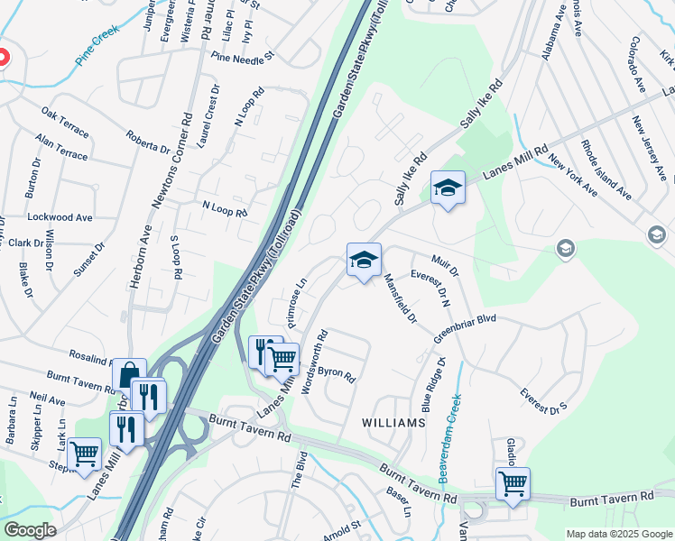 map of restaurants, bars, coffee shops, grocery stores, and more near 25 Primrose Lane in Brick Township