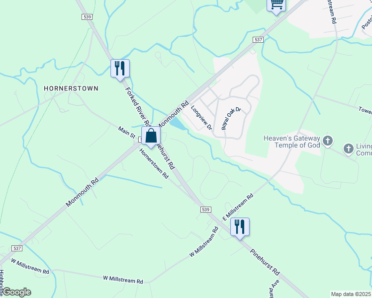 map of restaurants, bars, coffee shops, grocery stores, and more near 1-99 Mulberry Drive in Plumsted Township
