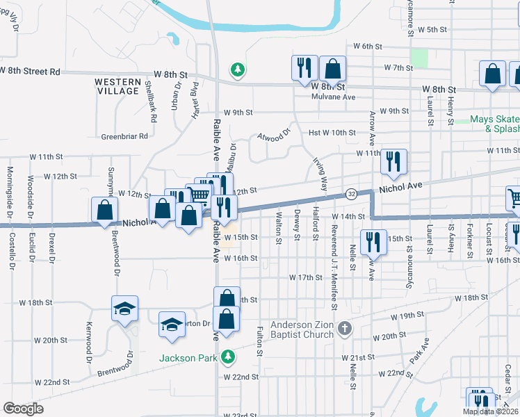 map of restaurants, bars, coffee shops, grocery stores, and more near 2302 Nichol Avenue in Anderson