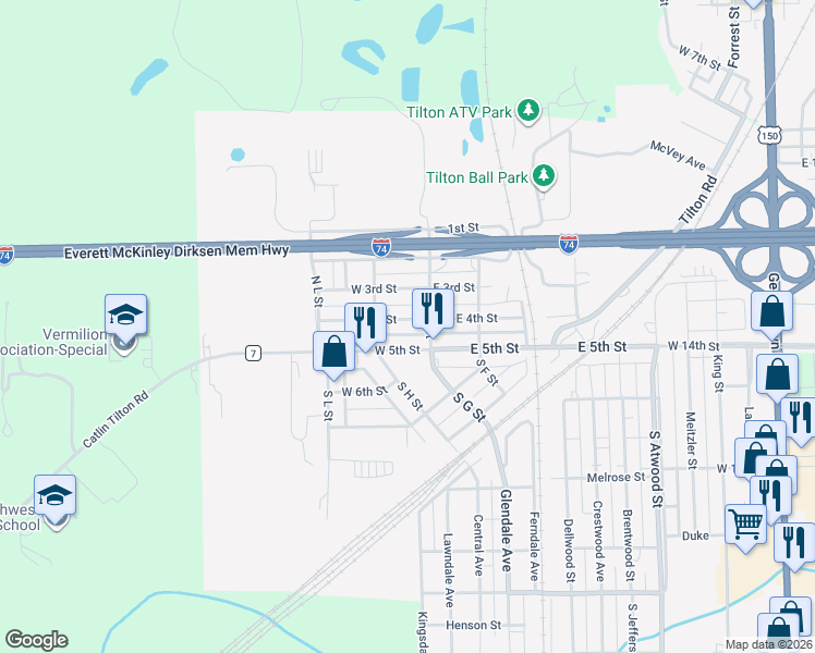 map of restaurants, bars, coffee shops, grocery stores, and more near 100-198 W 4th St in Tilton