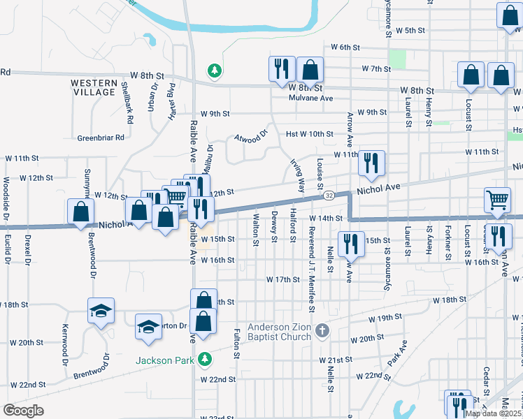 map of restaurants, bars, coffee shops, grocery stores, and more near 2115 Nichol Avenue in Anderson