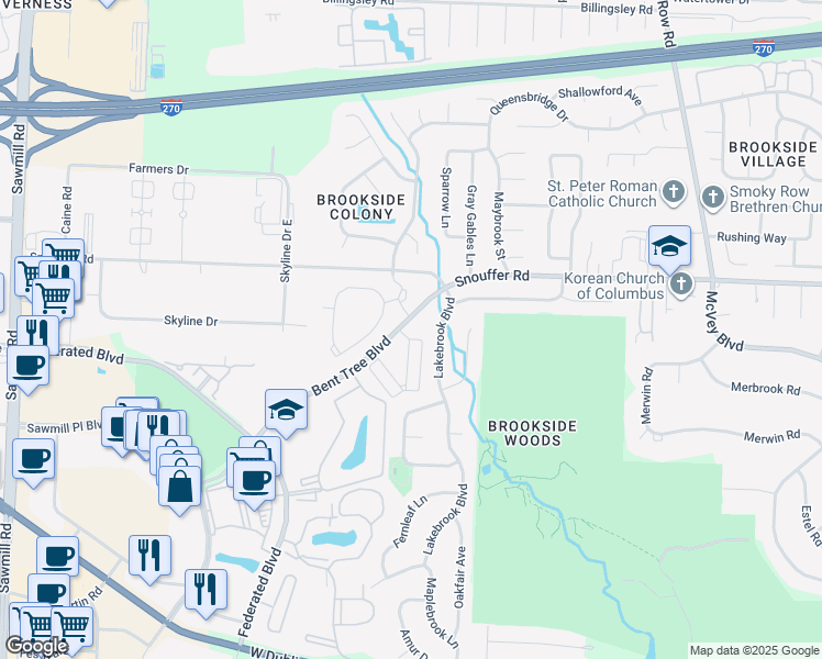map of restaurants, bars, coffee shops, grocery stores, and more near 2300 Sibby Lane in Columbus