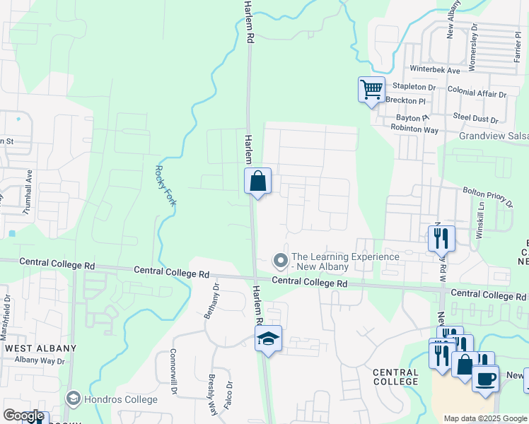 map of restaurants, bars, coffee shops, grocery stores, and more near 6950 Harlem Road in Westerville
