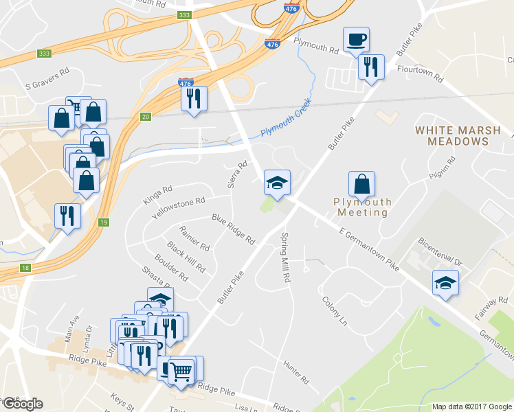 map of restaurants, bars, coffee shops, grocery stores, and more near 111 Meeting House Lane in Plymouth Meeting
