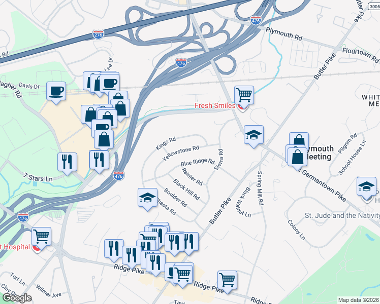 map of restaurants, bars, coffee shops, grocery stores, and more near 117 Yellowstone Road in Plymouth Meeting