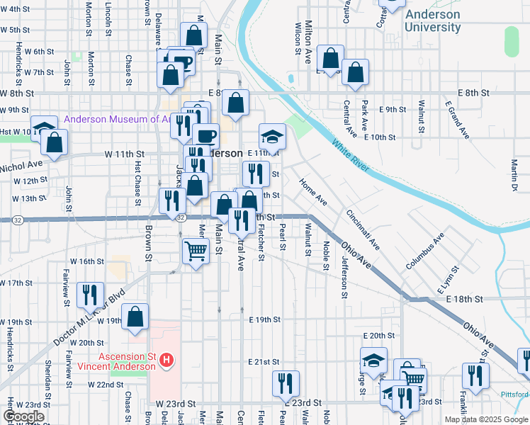 map of restaurants, bars, coffee shops, grocery stores, and more near 1326 Fletcher Street in Anderson