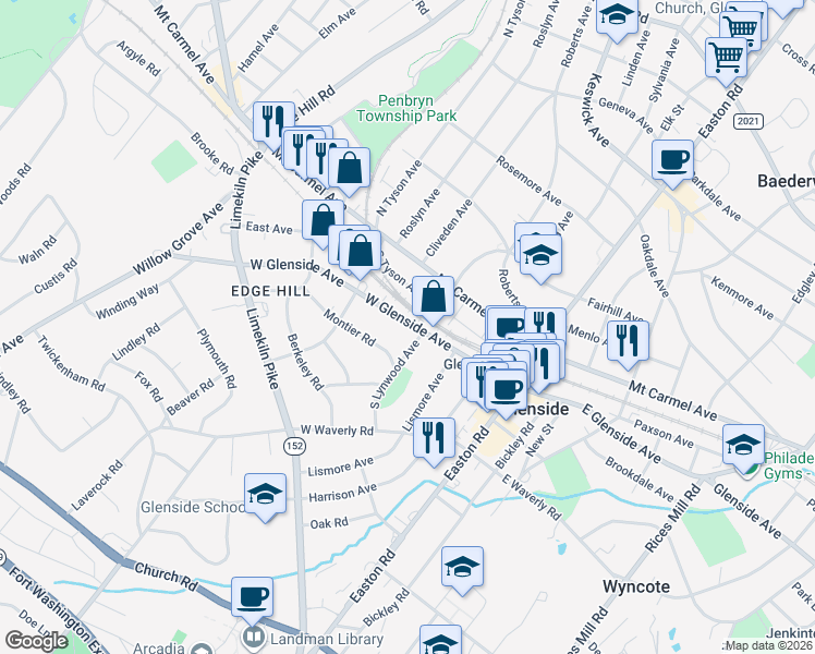 map of restaurants, bars, coffee shops, grocery stores, and more near 309A West Glenside Avenue in Glenside