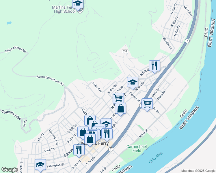 map of restaurants, bars, coffee shops, grocery stores, and more near 431 North 9th Street in Martins Ferry