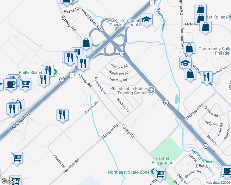 map of restaurants, bars, coffee shops, grocery stores, and more near 2814 Newberry Road in Philadelphia