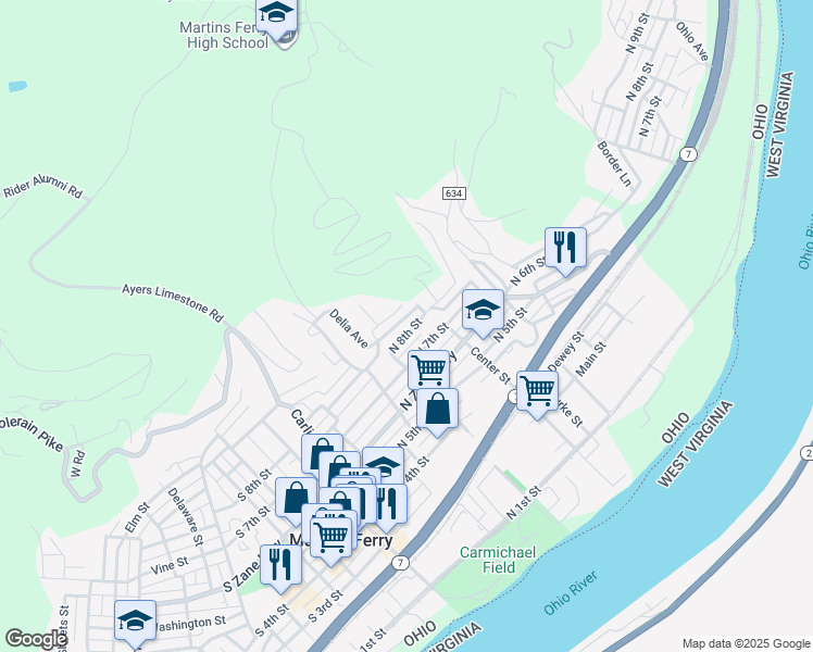 map of restaurants, bars, coffee shops, grocery stores, and more near 431 North 9th Street in Martins Ferry