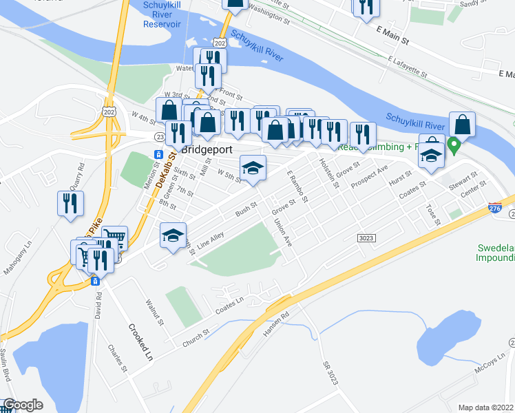 map of restaurants, bars, coffee shops, grocery stores, and more near 616 Bush Street in Bridgeport