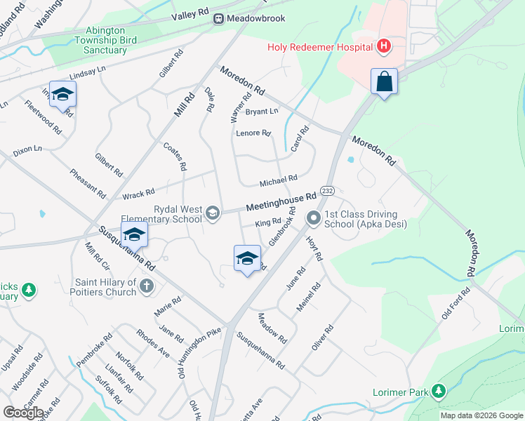 map of restaurants, bars, coffee shops, grocery stores, and more near 1325 Meetinghouse Road in Meadowbrook