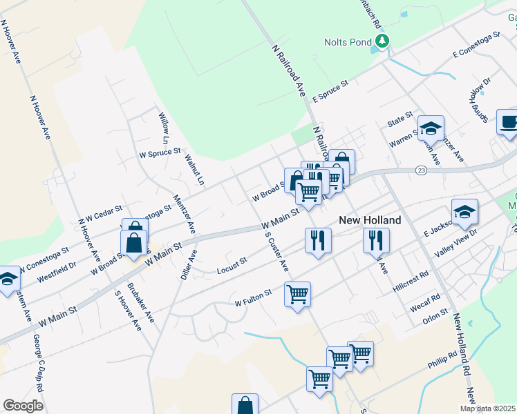 map of restaurants, bars, coffee shops, grocery stores, and more near 27 N Custer Ave in New Holland