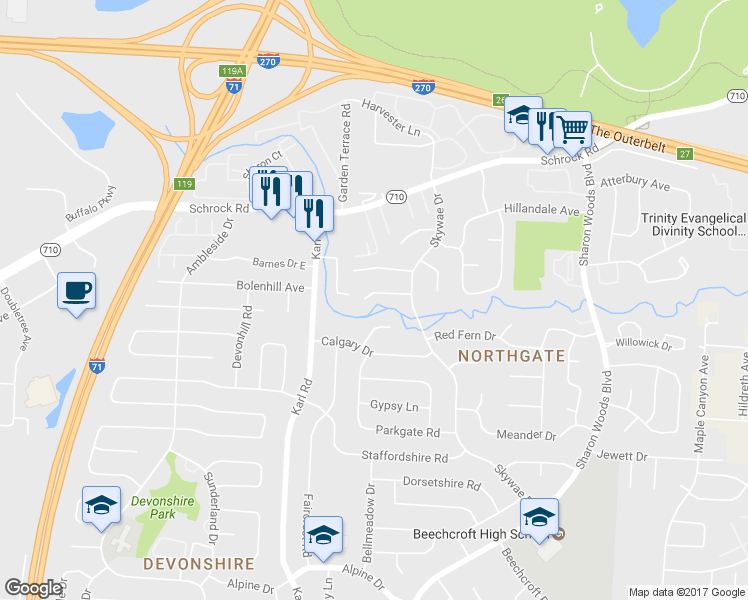 map of restaurants, bars, coffee shops, grocery stores, and more near 1643 Tendril Court in Columbus