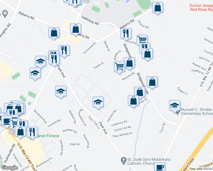map of restaurants, bars, coffee shops, grocery stores, and more near 4710 Lanfair Place in Bucks County
