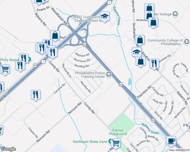 map of restaurants, bars, coffee shops, grocery stores, and more near 2817 Nature Road in Philadelphia