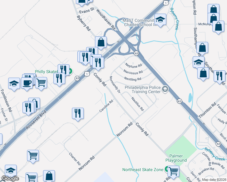 map of restaurants, bars, coffee shops, grocery stores, and more near 2829 Comly Road in Philadelphia