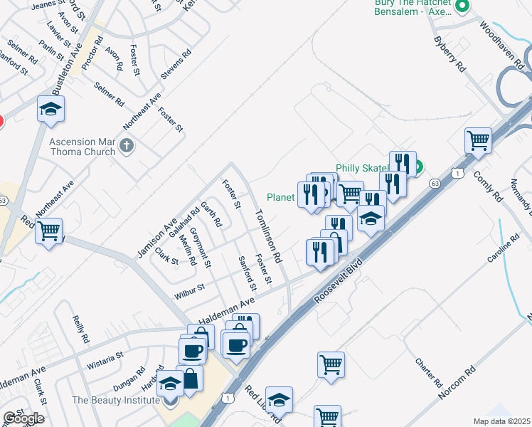 map of restaurants, bars, coffee shops, grocery stores, and more near 1837 Tomlinson Road in Philadelphia
