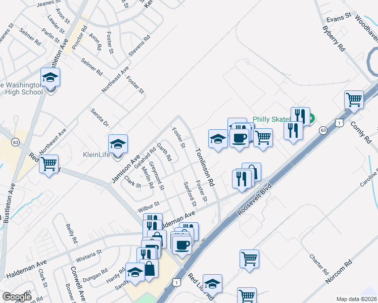map of restaurants, bars, coffee shops, grocery stores, and more near 1887 Foster Street in Philadelphia