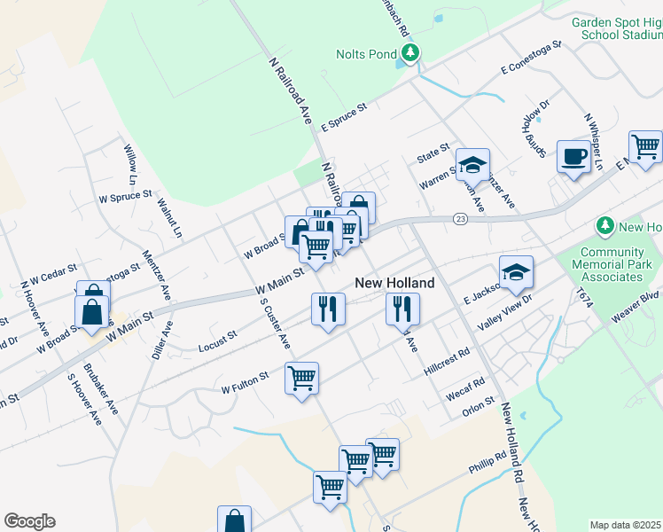 map of restaurants, bars, coffee shops, grocery stores, and more near 100 East Main Street in New Holland