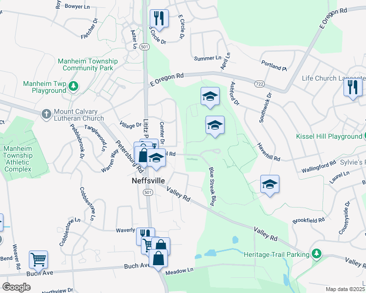 map of restaurants, bars, coffee shops, grocery stores, and more near 6 Terrace Drive in Lancaster