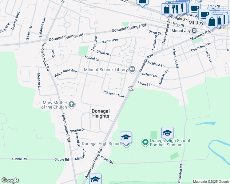 map of restaurants, bars, coffee shops, grocery stores, and more near 588 Blossom Trail in Mount Joy