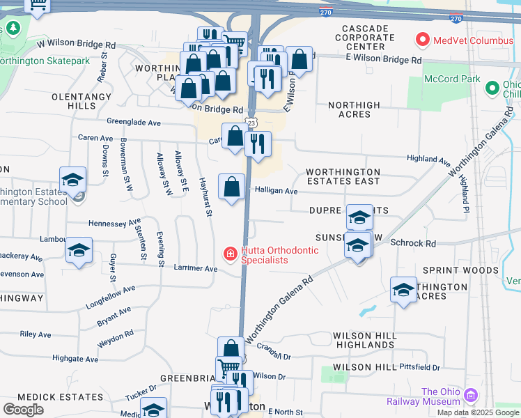map of restaurants, bars, coffee shops, grocery stores, and more near 6770 North High Street in Worthington