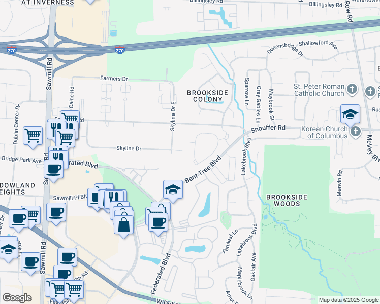 map of restaurants, bars, coffee shops, grocery stores, and more near 147 Bentwood Circle in Columbus