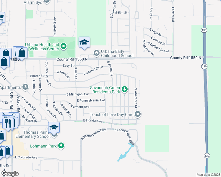 map of restaurants, bars, coffee shops, grocery stores, and more near 1312 South Smith Road in Urbana