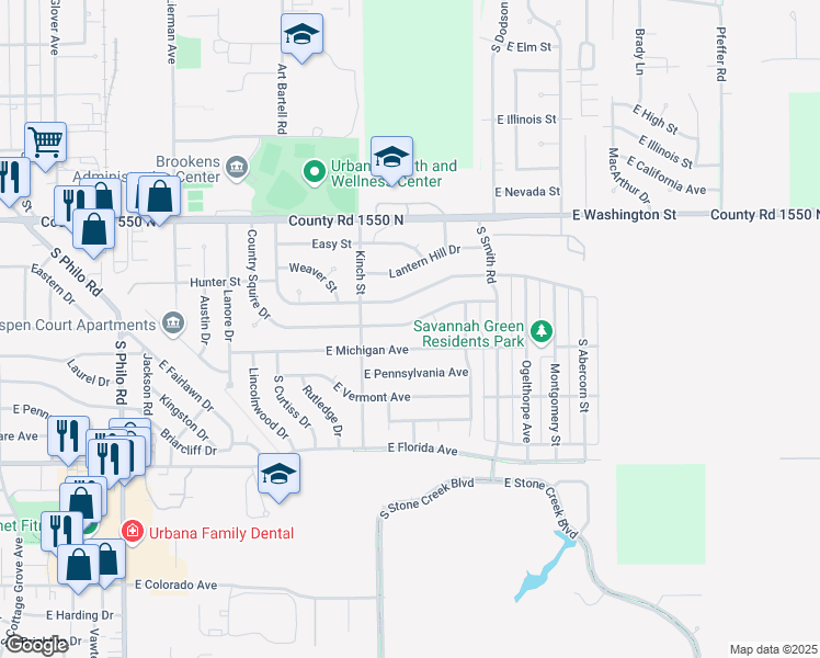 map of restaurants, bars, coffee shops, grocery stores, and more near 2205 Country Squire Drive in Urbana