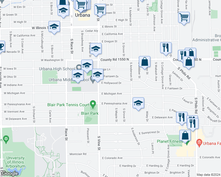 map of restaurants, bars, coffee shops, grocery stores, and more near 306 East Michigan Avenue in Urbana
