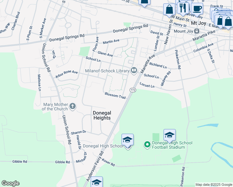 map of restaurants, bars, coffee shops, grocery stores, and more near 588 Blossom Trail in Mount Joy