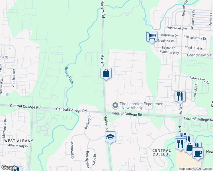 map of restaurants, bars, coffee shops, grocery stores, and more near 6950 Harlem Road in Westerville