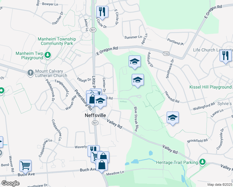 map of restaurants, bars, coffee shops, grocery stores, and more near 6 Terrace Drive in Lancaster