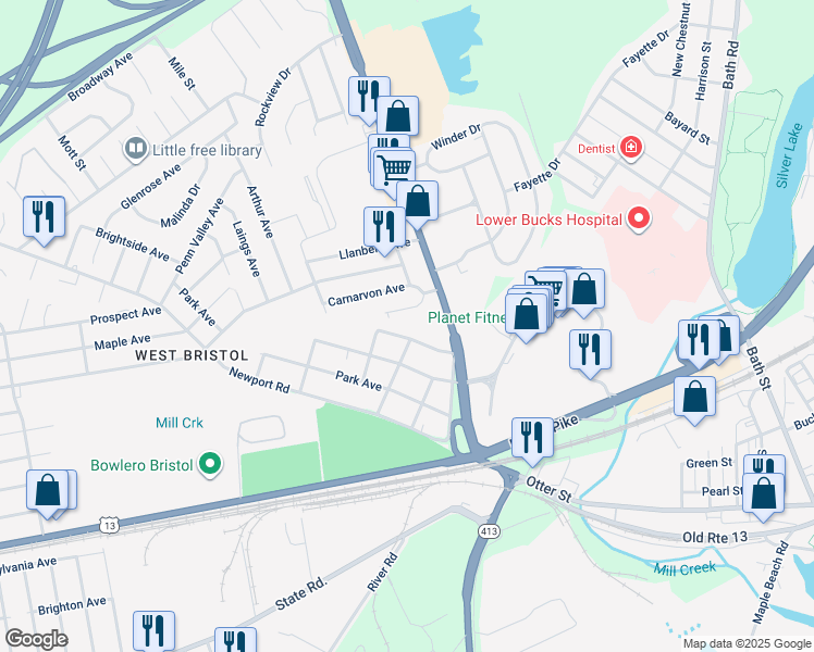 map of restaurants, bars, coffee shops, grocery stores, and more near 402 Westview Avenue in Bristol