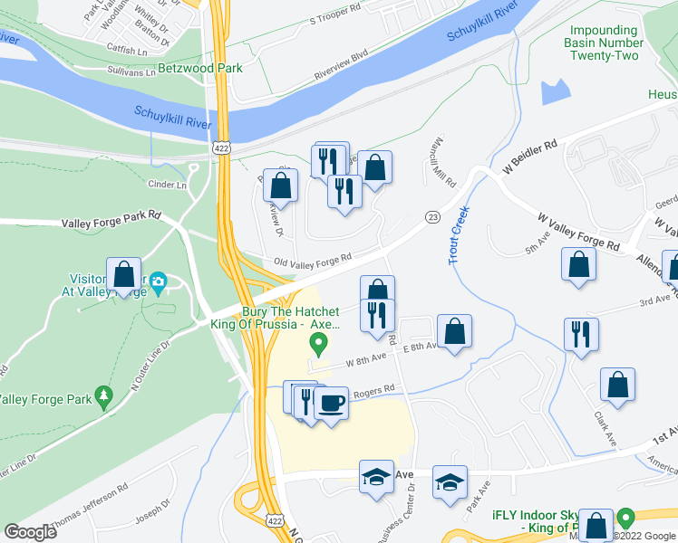 map of restaurants, bars, coffee shops, grocery stores, and more near 1020 West Valley Forge Road in King of Prussia