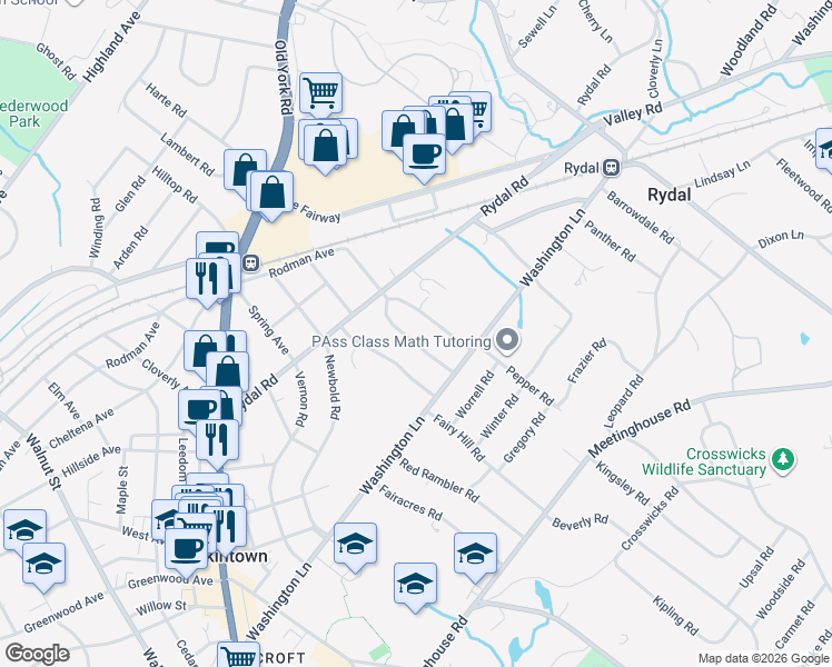 map of restaurants, bars, coffee shops, grocery stores, and more near 1447 Noble Road in Jenkintown