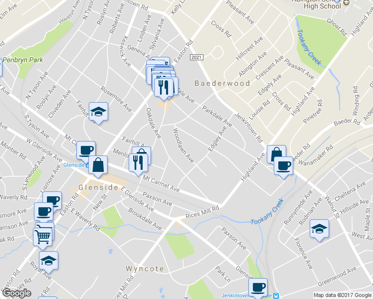map of restaurants, bars, coffee shops, grocery stores, and more near 2133 Woodlawn Avenue in Glenside