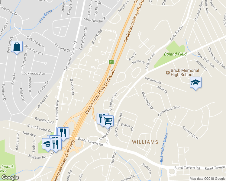 map of restaurants, bars, coffee shops, grocery stores, and more near 91 Primrose Lane in Brick