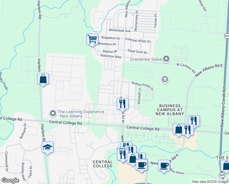 map of restaurants, bars, coffee shops, grocery stores, and more near 5856 Andrew John Drive in New Albany