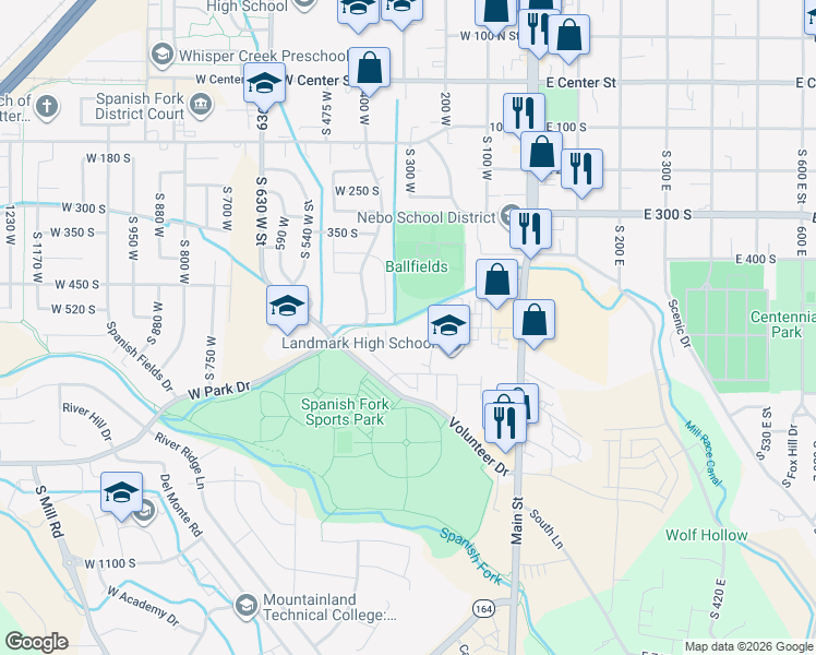 map of restaurants, bars, coffee shops, grocery stores, and more near 270 West 500 South in Spanish Fork