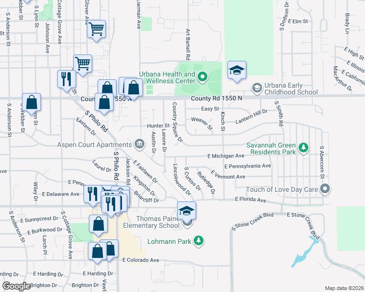 map of restaurants, bars, coffee shops, grocery stores, and more near 1903 Country Squire Drive in Urbana