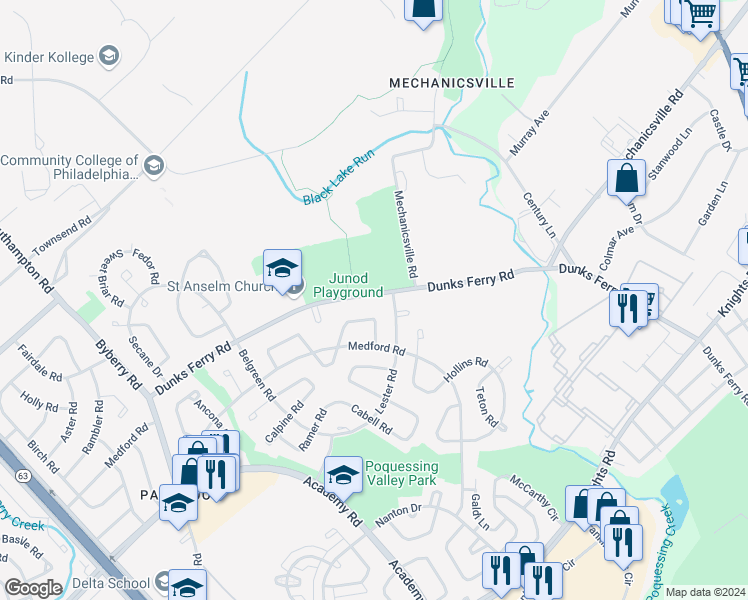 map of restaurants, bars, coffee shops, grocery stores, and more near 12797 Dunks Ferry Road in Philadelphia