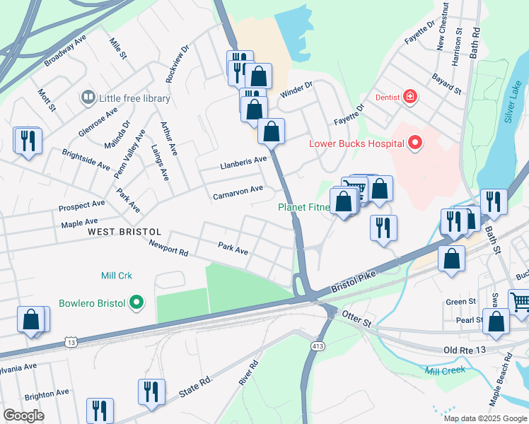 map of restaurants, bars, coffee shops, grocery stores, and more near 402 Westview Avenue in Bristol
