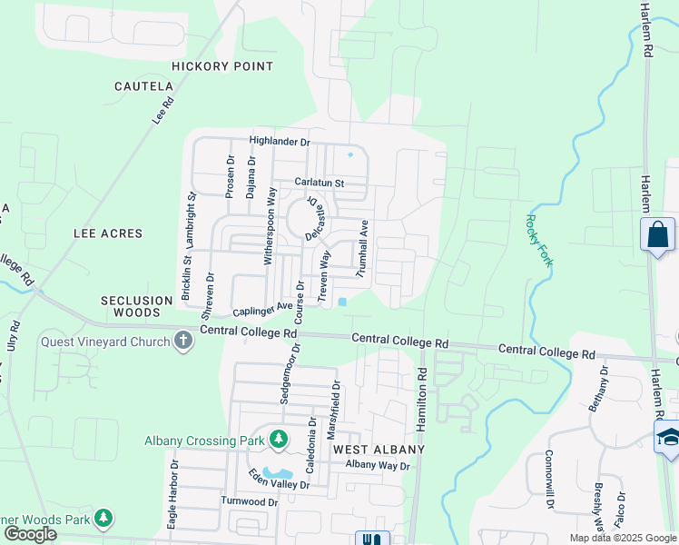 map of restaurants, bars, coffee shops, grocery stores, and more near 6136 Braet Road in Westerville