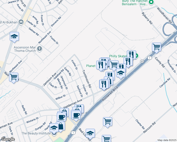 map of restaurants, bars, coffee shops, grocery stores, and more near 10610 Clark Street in Philadelphia