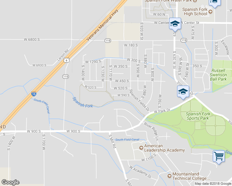 map of restaurants, bars, coffee shops, grocery stores, and more near 1128 West 590 South in Spanish Fork